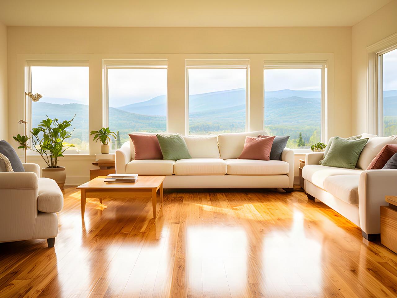 Sunlit Vermont living room with polished wood floor, clean windows, and neatly arranged cushions