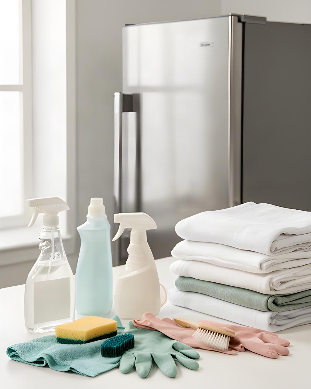 Cleaning supplies arranged beside a spotless refrigerator and folded fresh linens