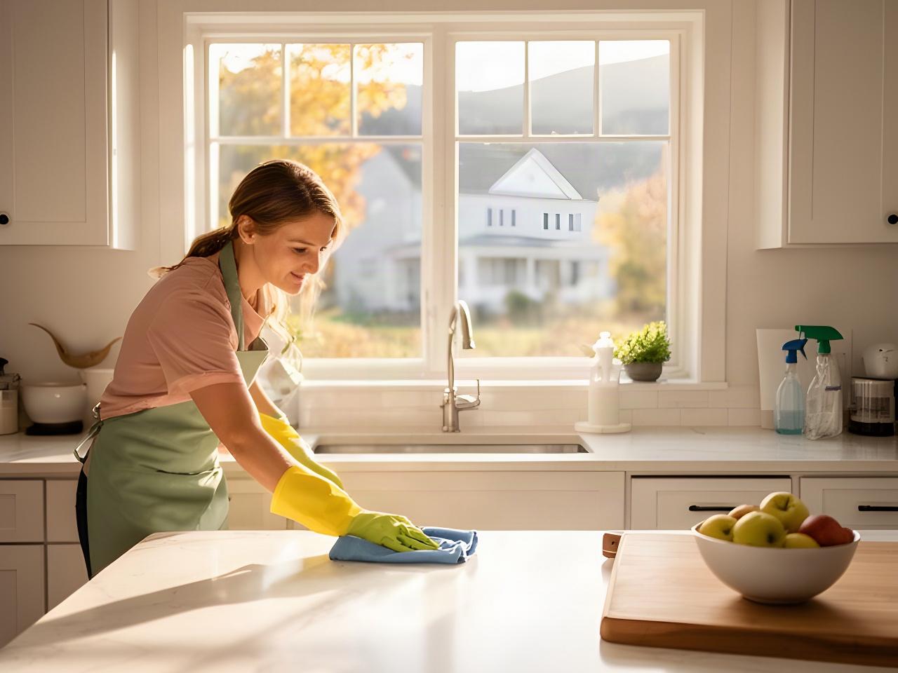 Cleaner wiping a bright Colchester home kitchen beside a sunlit Vermont window