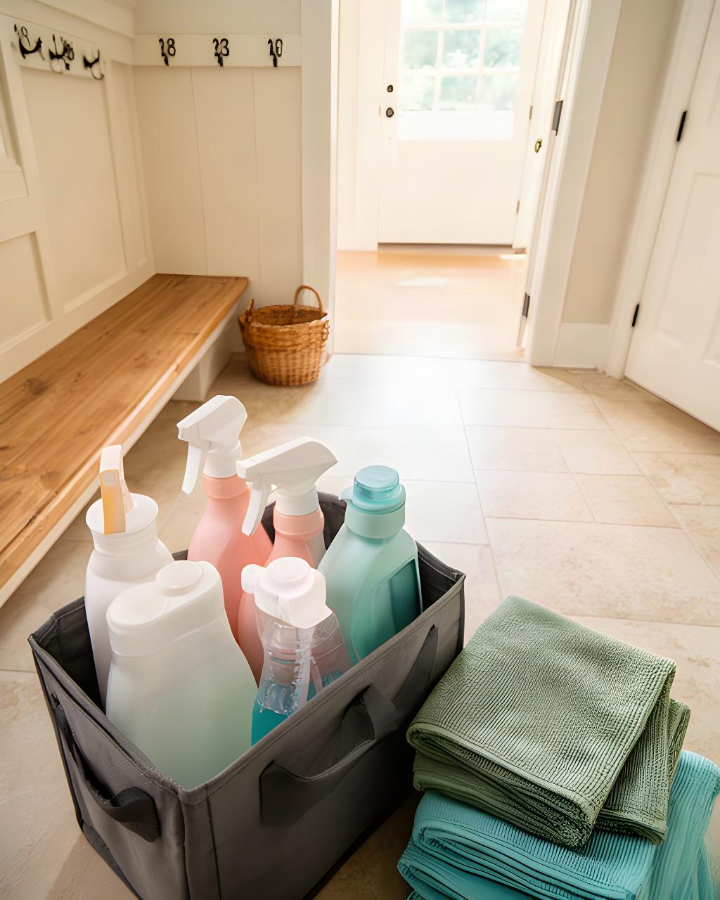 Organised cleaning supplies and folded cloths ready beside a residential entryway in Vermont