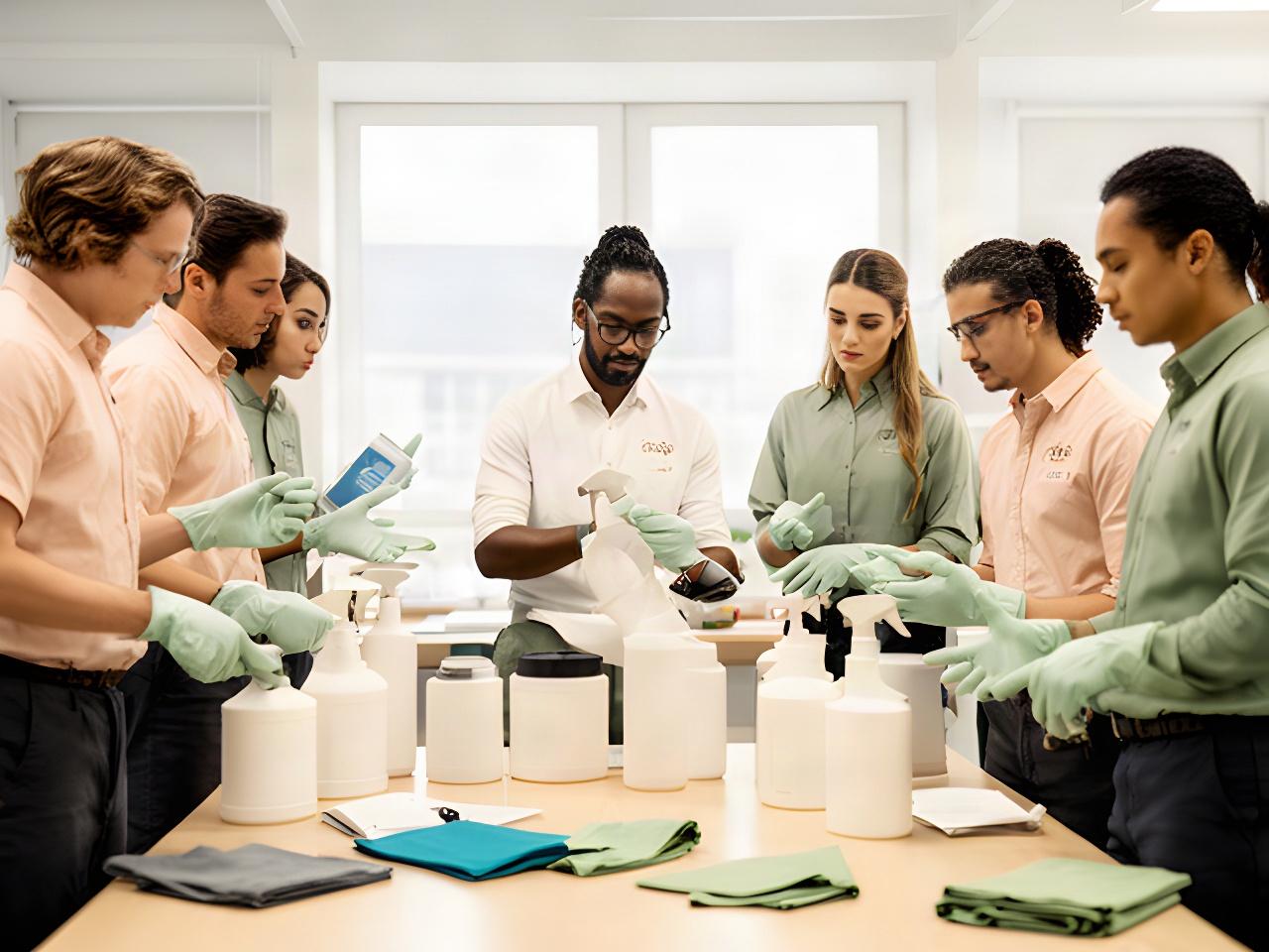 Small cleaning team learning product safety techniques around a work table