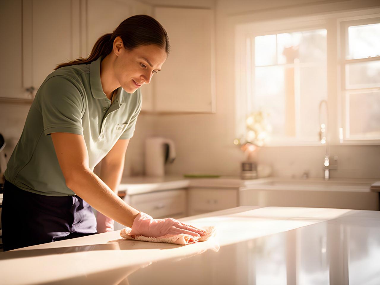 Uniformed cleaner wiping a sunlit kitchen counter in a Vermont home