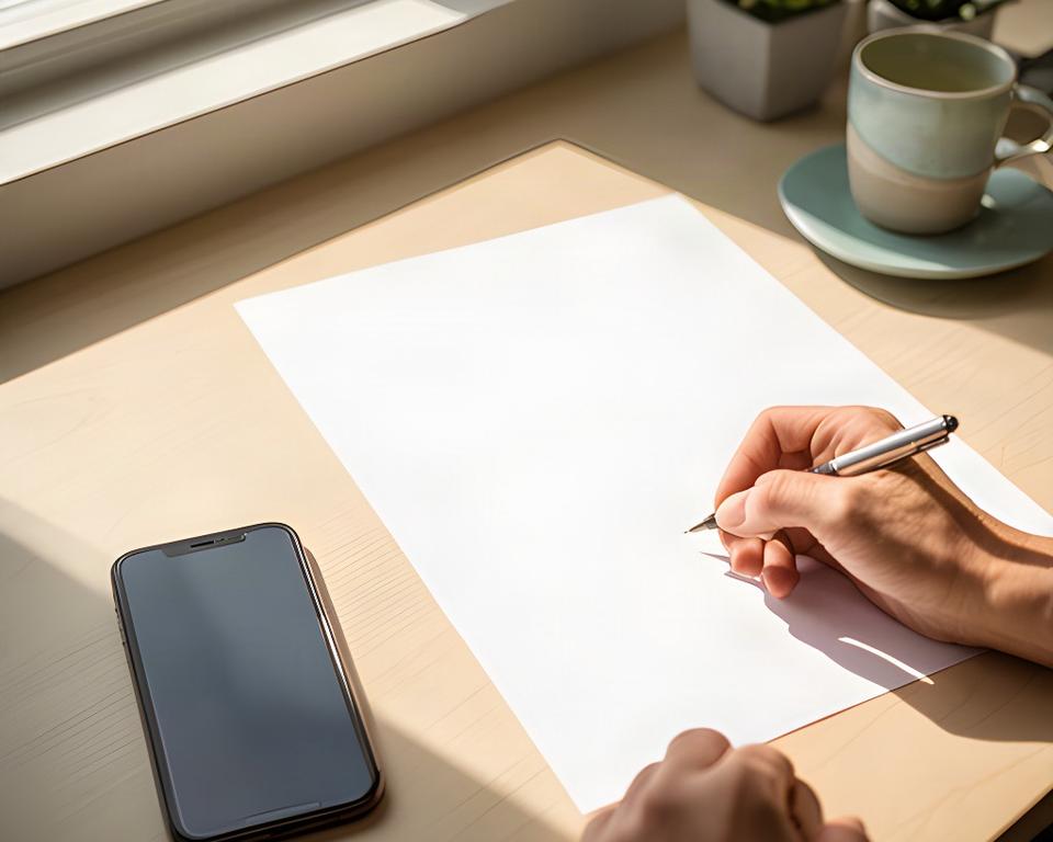 Customer writing a privacy question at a sunlit desk with a phone nearby
