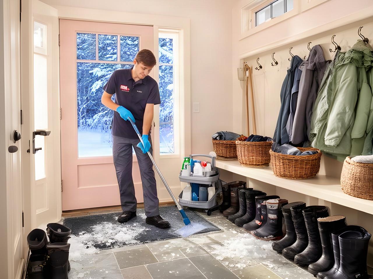 Bright Vermont entryway with boots, coats, and a cleaner preparing the mud room after winter