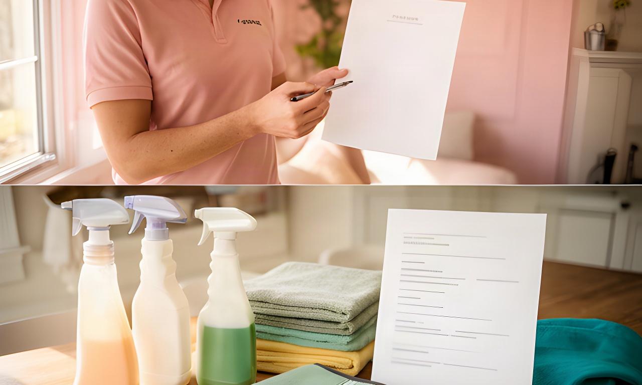 Cleaner reviewing a privacy notice beside organised cleaning supplies in a bright Vermont home