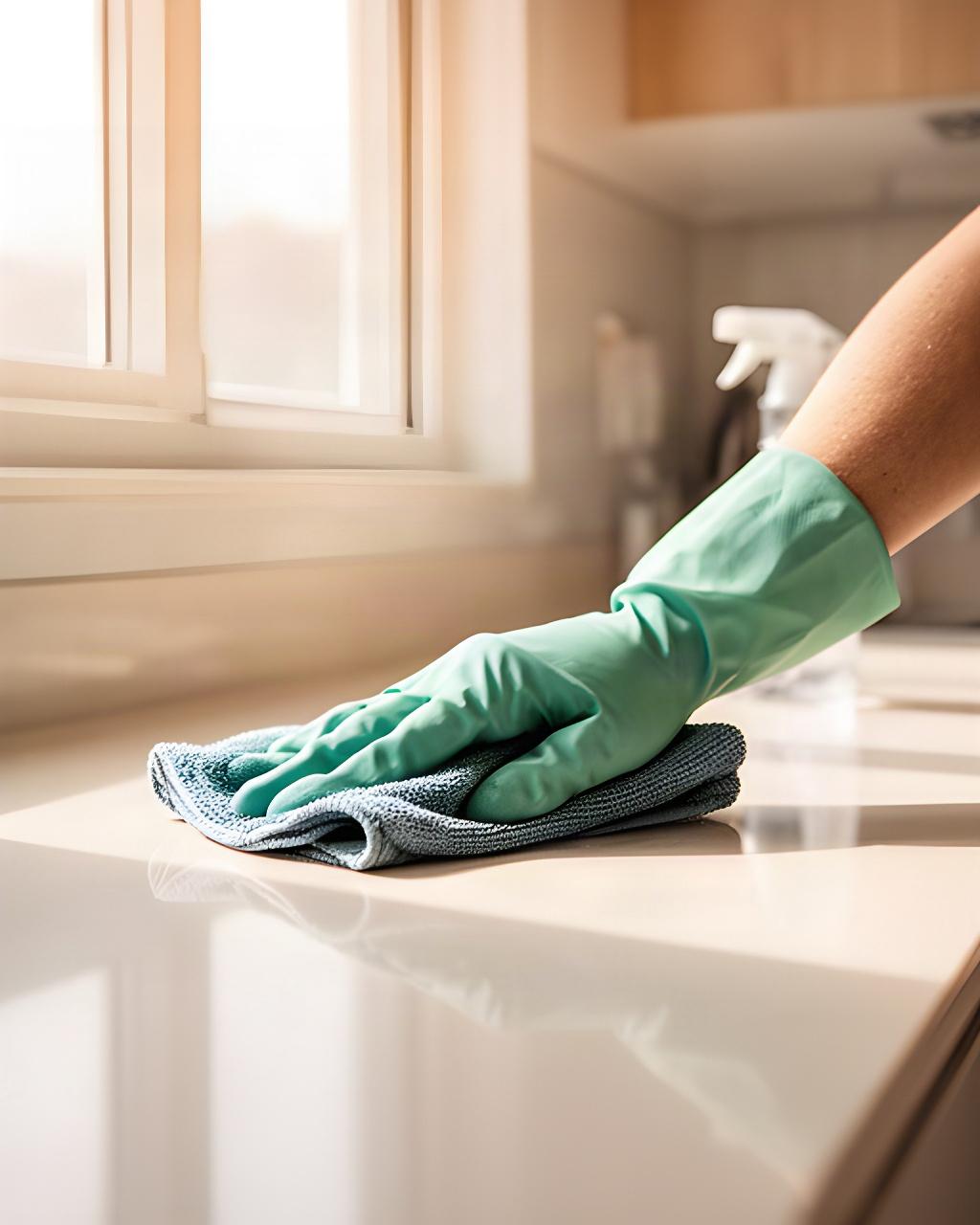 Close view of a gloved cleaner wiping a spotless kitchen counter near a sunlit window
