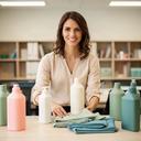 Victpria Aldasht organising labelled cleaning supplies in a team room
