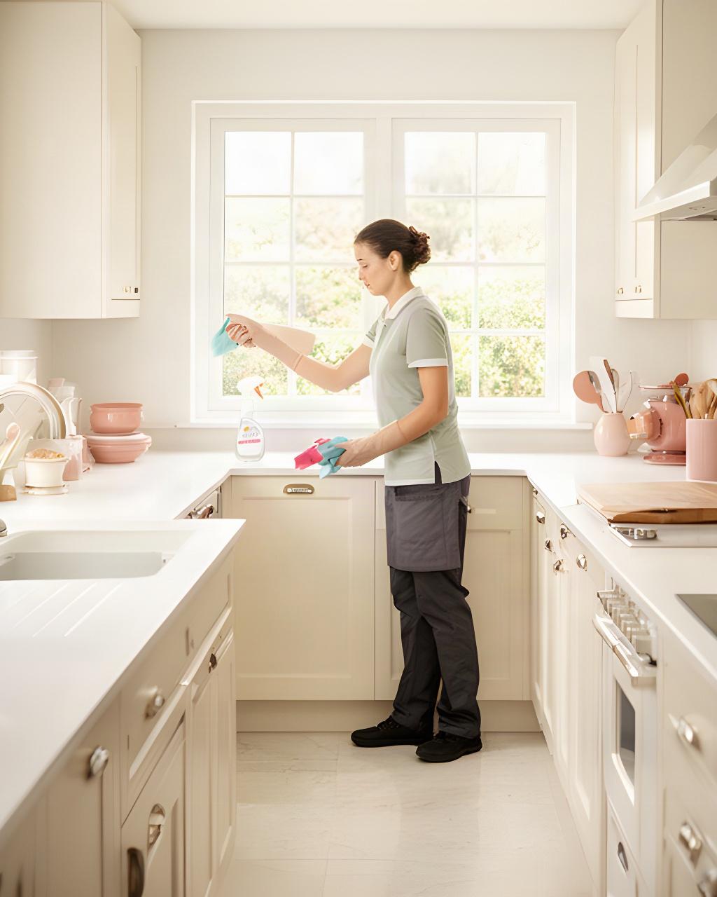 Bright modern kitchen receiving detailed residential cleaning beside a Vermont window