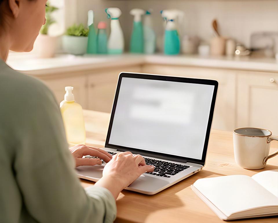Person entering a cleaning appointment request on a laptop at a tidy kitchen table