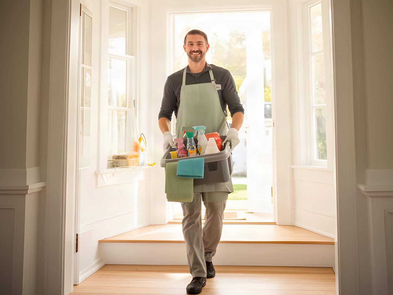 Cleaning professional carrying a tidy supply caddy toward a bright Colchester home entrance
