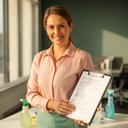 Zynp Rottschafer reviewing a cleaning checklist in a sunlit office