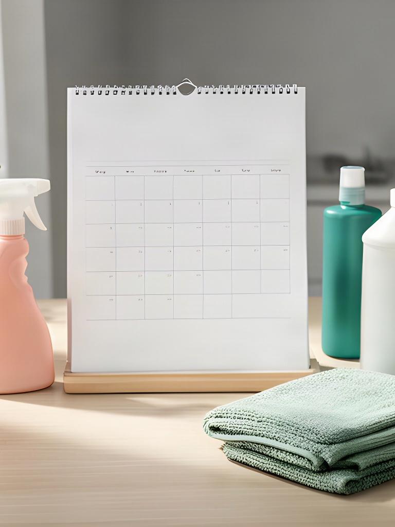 Wall calendar and cleaning supplies on a tidy desk prepared for a scheduled home service
