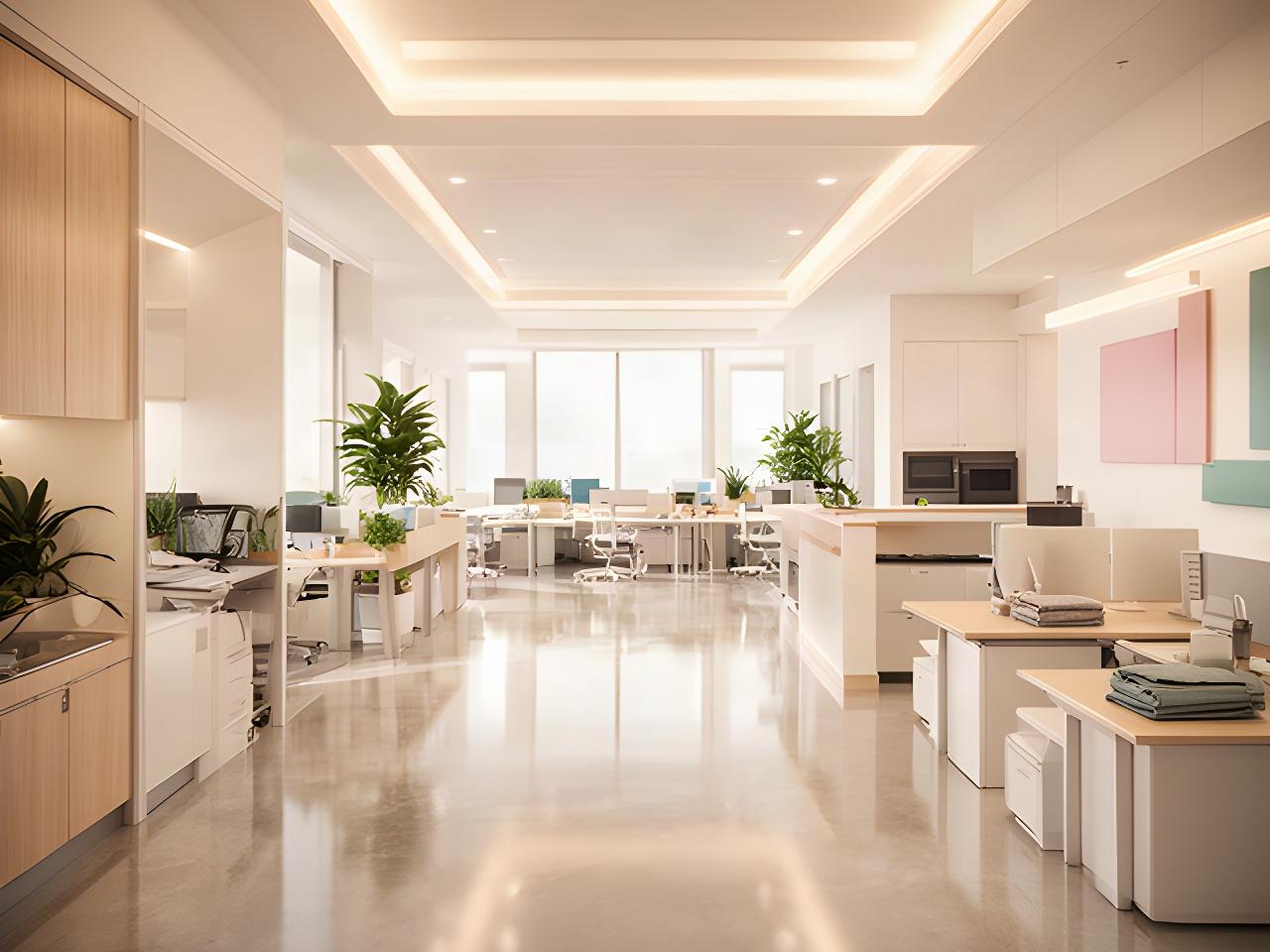 Freshly cleaned open-plan office with polished floors and an organised breakroom