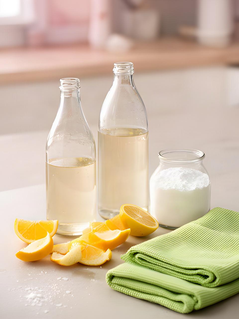 Glass bottles of vinegar and citrus cleaner beside baking soda and folded microfibre cloths on a kitchen counter