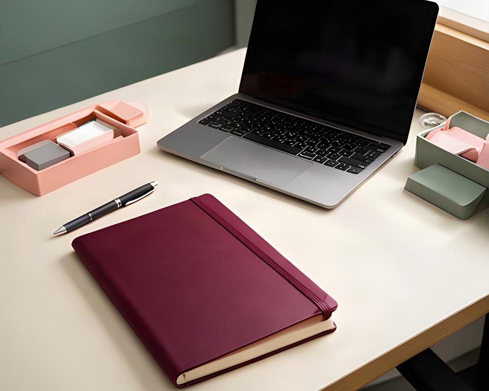 Closed notebook and laptop displaying organised appointment records on a clean office desk