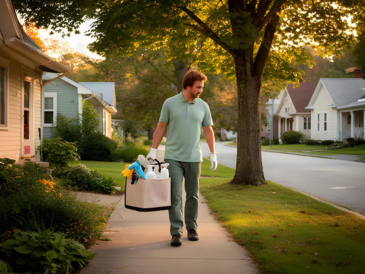 Cleaning specialist carrying reusable supplies along a tree-lined Vermont community street